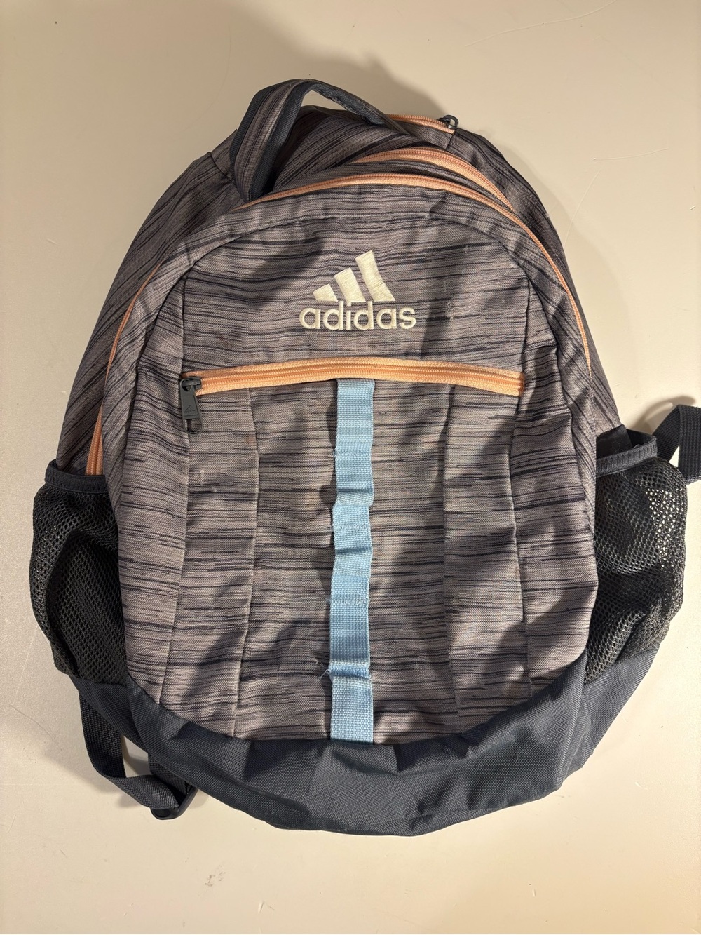 adidas Grey Backpack with Blue and Peach Accents